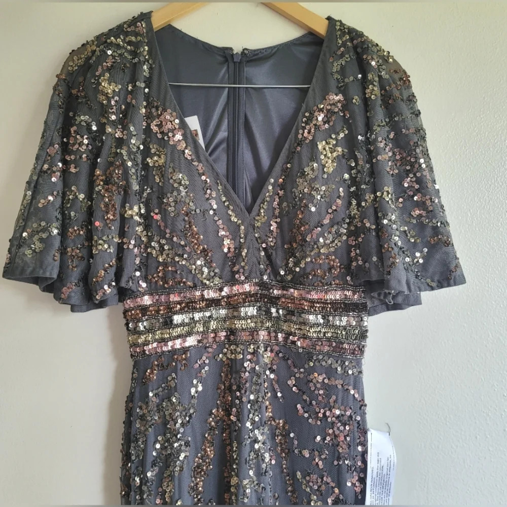 Mac Duggal, Cape Sleeve Embellished Evening Gown,‎ Charcoal, Size 4, NWT - Picture 6 of 15